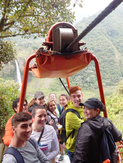 Malden High School students traveling on a gondola in Banos, Ecuador. 