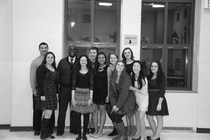 Malden High School volunteers gathered to pose for a picture (seniors Anthony Bouley, Alyssa Figueiredo, junior Kevin Irungu, freshman Alyssa Ardai, senior Blue and Gold members Piero Pocobene, Amanda De Moraes, and Meagan Sullivan, freshman Blue and Gold member Ana Kerr, junior Blue and Gold member Emma Ceplinskas, senior Blue and Gold member Julie Lam, and senior Samantha Dorazio.)