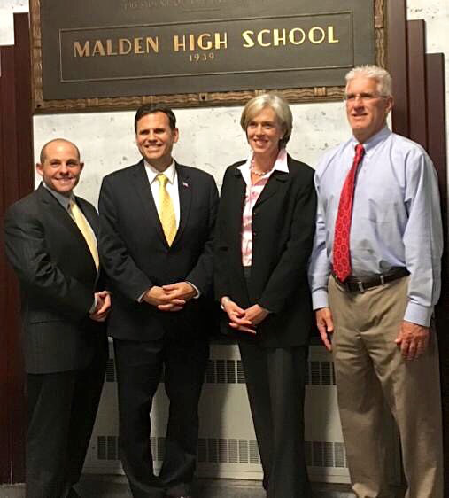 From the left, State Representative Steven Ultrino, Mayor Gary Christenson, Congresswoman Katherine Clark, and Principal Dana Brown are pictured posing outside of Clark’s College Affordability Workshop event on Wednesday, Oct. 14, 2015 at Malden High School. (Congresswoman Katherine Clark/Facebook)