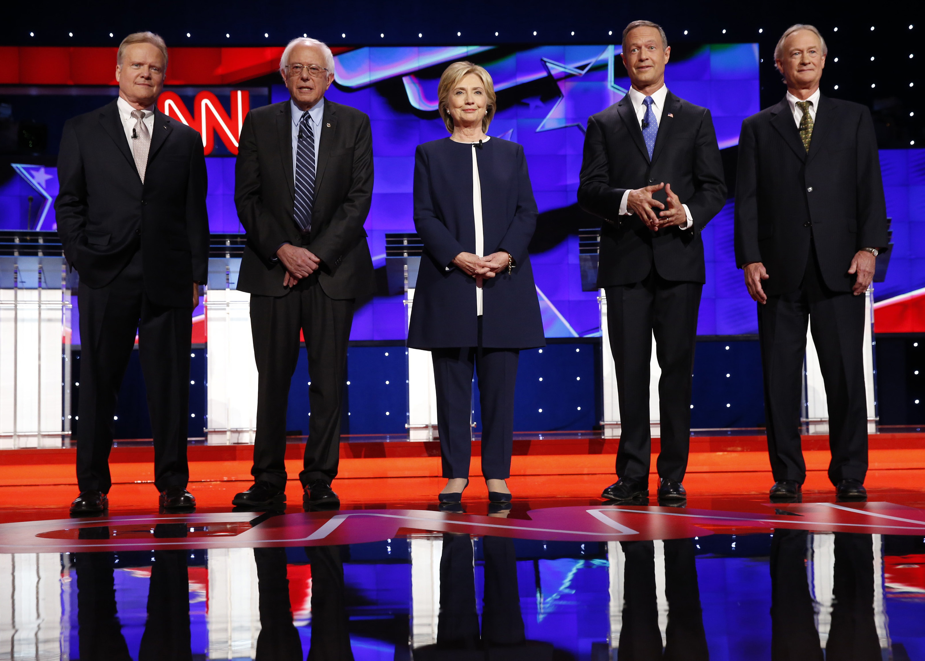 From left, Democratic presidential candidates Jim Webb, Bernie Sanders, Hillary Rodham Clinton, Martin O'Malley and Lincoln Chafee on the debate stage on Tuesday, Oct. 13, 2015, in Las Vegas. (Josh Haner/NYT/Pool via Zuma Press/TNS)