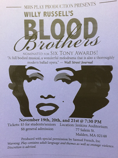 The poster for the musical Blood Brothers. Photo by Nicholas Bramante. 