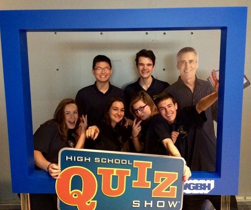 From left to right: Seniors Samantha Forestier, Kelvin Cheng Bo, Merjem Rizvancevic, Jasper Haag, Kaitlyn Gibson, and Andrew Cogliano together at WGBH’s High School Quiz show.  Photo provided by Kaitlyn Gibson.