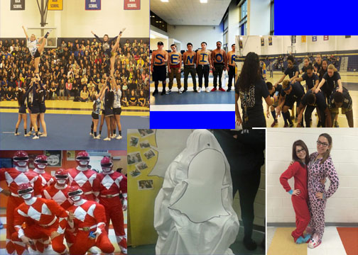 Top left to right: Cheerleaders performing during the pep rally, students supporting the Golden Tornados, a spirit team building a human pyramid.  Bottom left to right: Students dressed as power rangers for wacky tacky, Principal Dana Brown dressed as the symbol for Snapchat, and students dressed for pajama day. All photos by Meghan Yip. 
