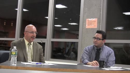 One of the final candidates, Richard Bransfield, being interviewed by Malden community members. 