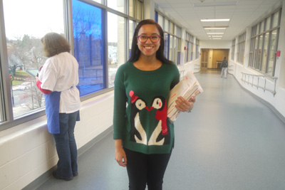 Junior Franshesly Correa wearing an ugly Christmas sweater. Photo by Kristy Yang. 