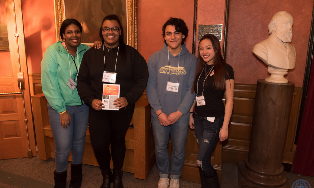 Malden Reads Opening Ceremony. Pictured: (left to right) Robin Jones, Bryanna Soriano, Nathaniel Torterella Silva, and Katherine Oliver. Photo courtesy of Anne D’Urso-Rose, associated with Malden Reads. 