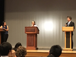 Sophomore Alicia Tan and Jenny Huynh along with senior Liam Elliott debating gun control. Photo by Christina Apignani.