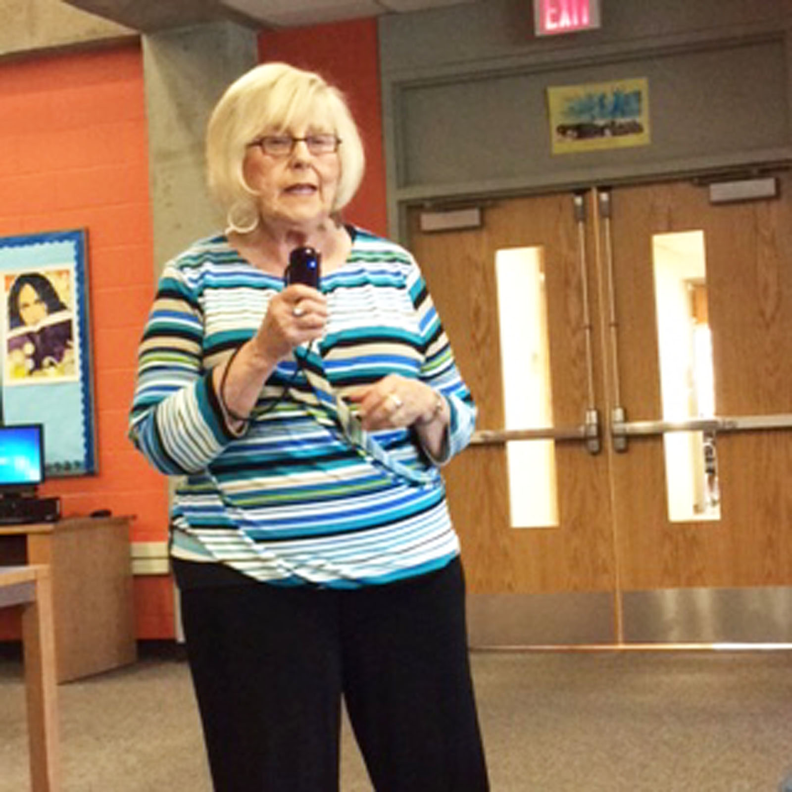 Janey Applefield speaking to MHS students in 2015.