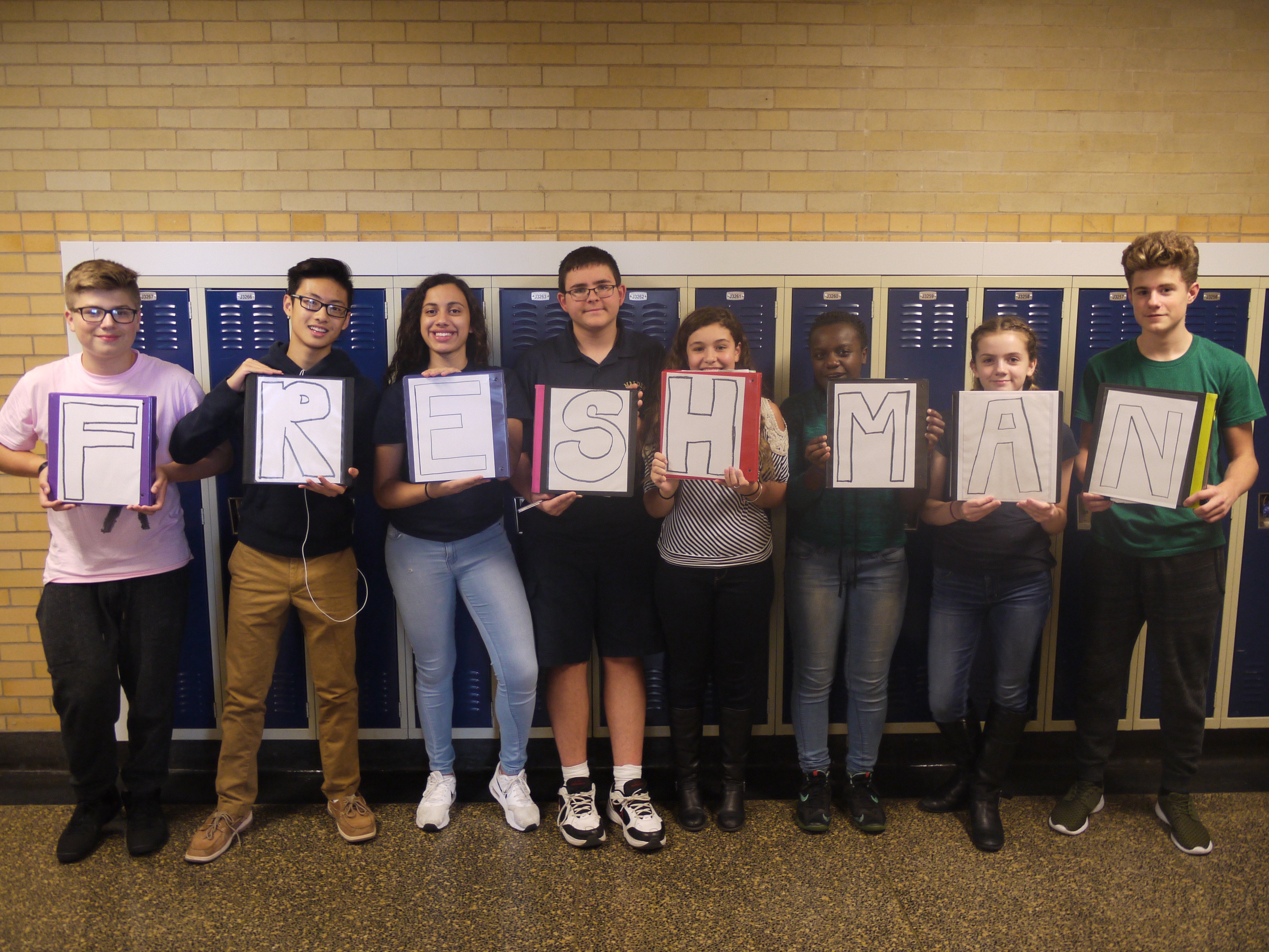 From left to right: freshmen Cameron Ryan, Haoxi Wang, Brenda Freitas, Sean Lightbody, Olivia Santengelo, Schekina Pericles, Allison Mallet, Ezra Kruckenberg. Photo taken by Emraude Bonnet. 