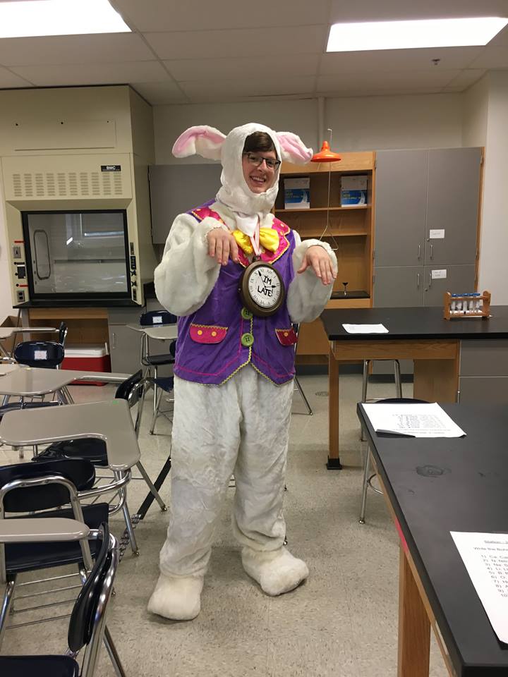 Senior Jesse Bouley dressed as the White Rabbit from Alice in Wonderland.