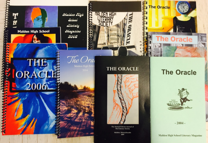 Previous publications of The Oracle all crafted by the Literary Society. Photo by Toby Pitan.